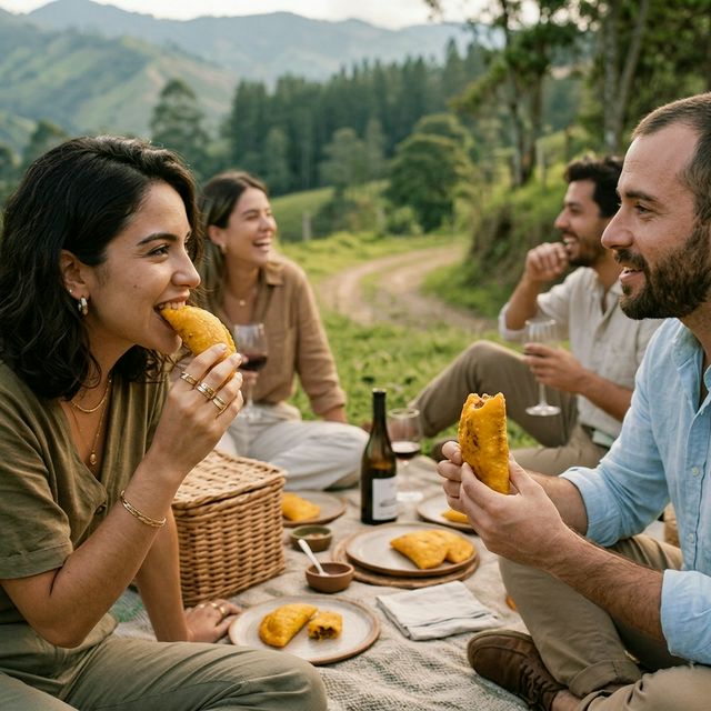 Familia disfrutando empanadas colombianas